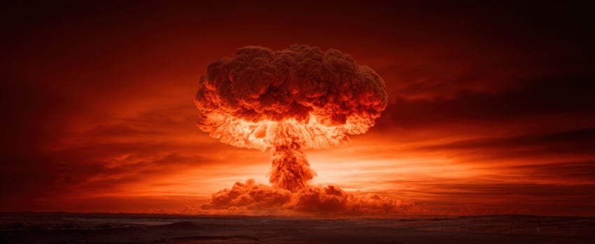 The mushroom cloud rising over a desolate coastline in blazing red sunset photo