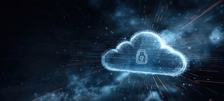 The Cloud with Secure Lock Icon Surrounded by Futuristic Digital Data Streams photo