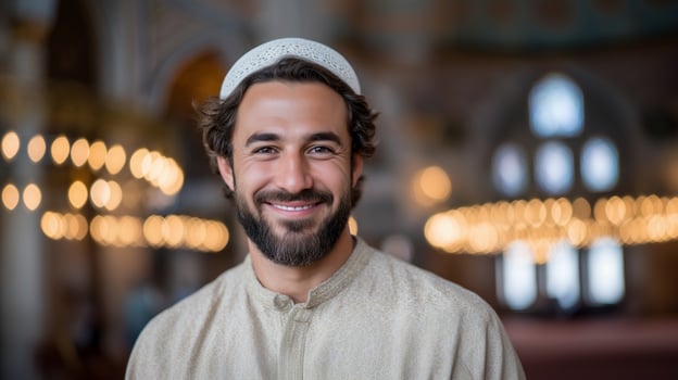 Cheerful middle eastern muslim man inside mosque portrait image. Islamic male with short beard and white prayer cap photography human scene. Religious occasion concept photo-realistic photo