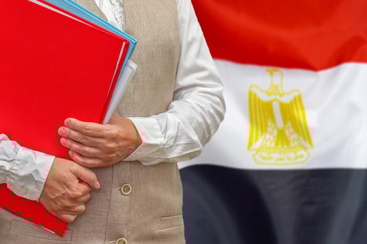 Woman's hands holding documents against Egypt flag background. Education abroad photo
