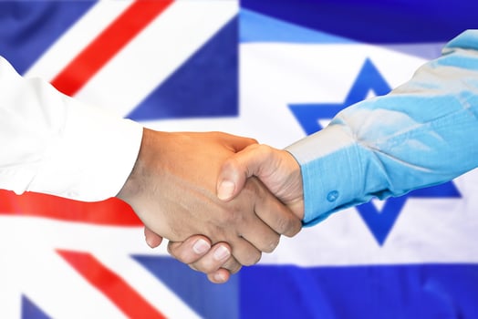 handshake on United Kingdom and Israel flag background. photo