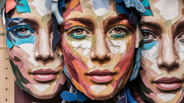 Colorful abstract faces created with paper collage, showcasing vibrant hues and artistic expression. photo