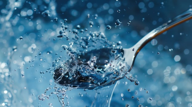 Water splashing from silver spoon abstract liquid motion photo