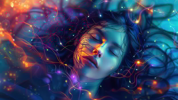 Relaxed woman with dreamy swirling color background for meditation and mindfulness photo