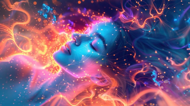Person in serene dream with ethereal light streaks photo
