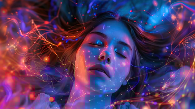 Woman face with colorful abstract energy lines and glowing lights conceptual art photo