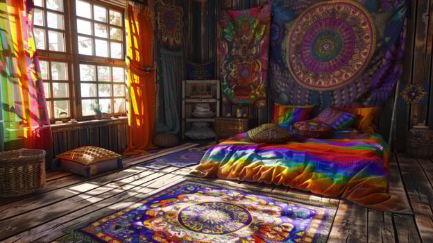 Bohemian style bedroom interior with colorful tapestry and textiles photo