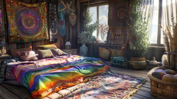 Bohemian bedroom with colorful textiles plants and natural light creating a warm and eclectic interior design photo