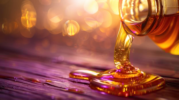 Flowing liquid gold on wood surface macro food close up photo