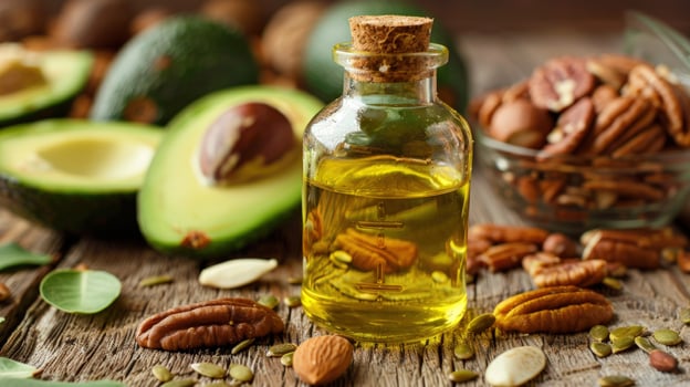 Avocado oil still life with pecans and seeds on rustic wooden table photo