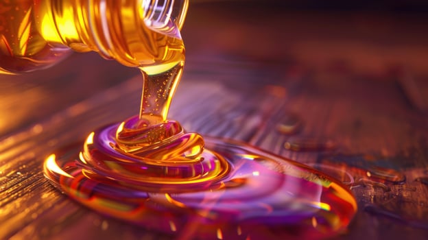 Liquid pouring from bottle onto wooden surface amber fluid drizzling glossy puddle photo
