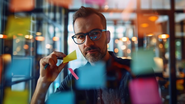 Brainstorming session at work man planning strategy with sticky notes on glass wall photo