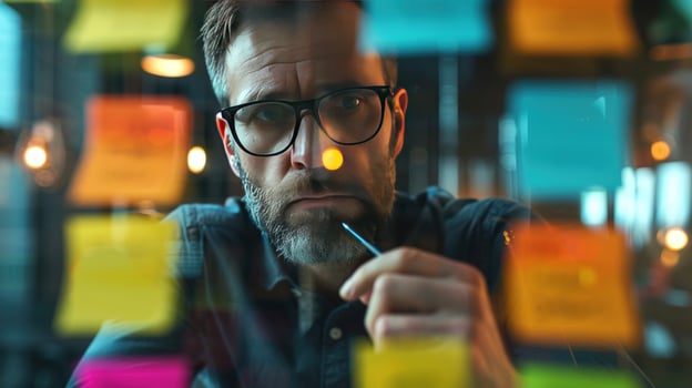 Brainstorming session man with sticky notes on glass wall photo