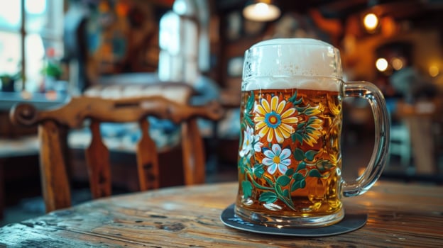 Refreshing beer mug with floral design on rustic table in warm light photo