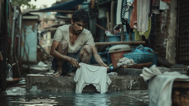Daily life man doing laundry in public place photo