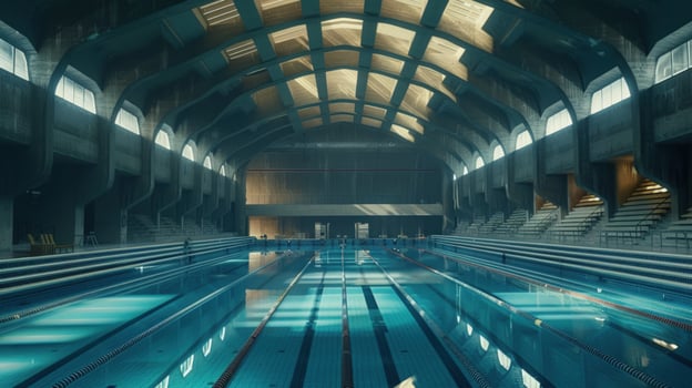 Indoor swimming pool facility featuring turquoise water and geometric architecture for recreational and fitness activities photo