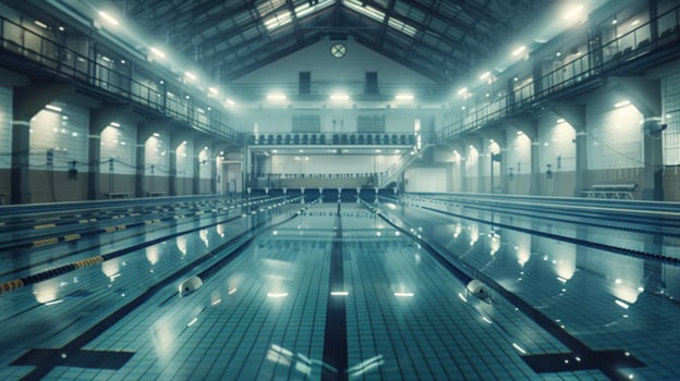 Indoor swimming pool with industrial architecture and calm water photo