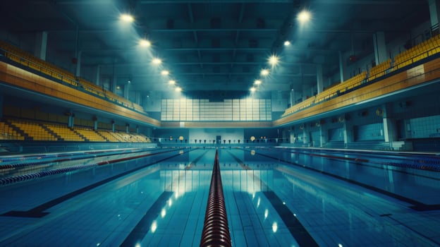 Indoor swimming pool with lanes and seating photo