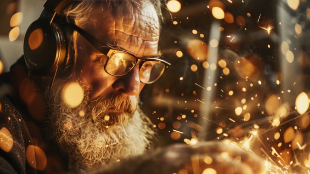 Focused craftsman at work with flying sparks during manufacturing photo