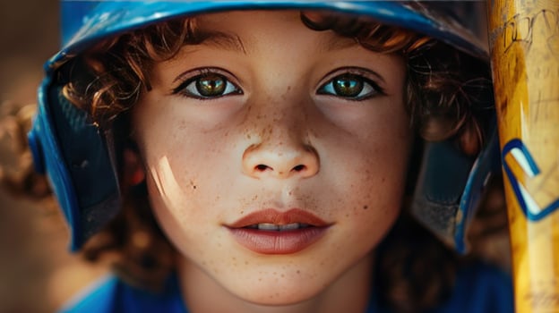 Youth athlete portrait close up wearing baseball helmet and protective gear photo