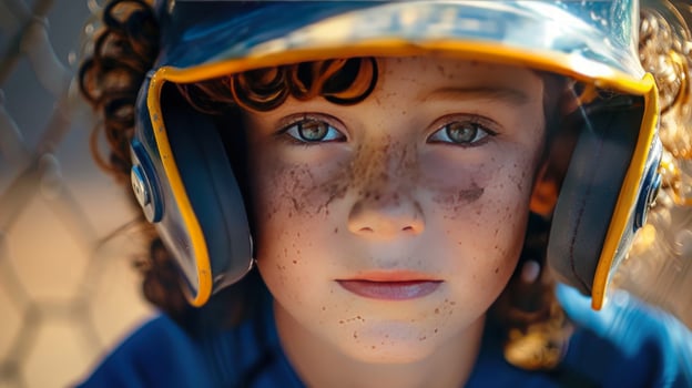 Child athlete face close up wearing helmet for protection in outdoor sport photo