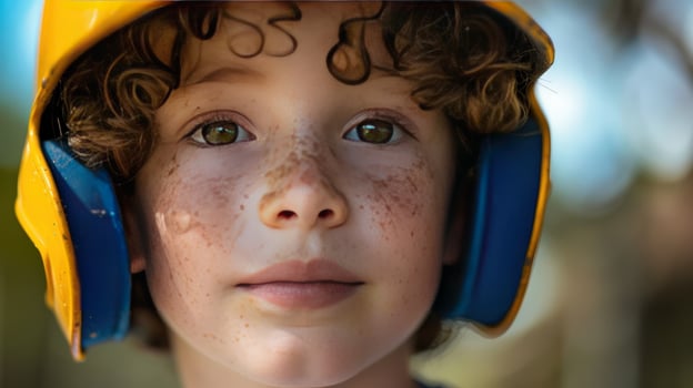 Boy portrait with yellow protective helmet close up in outdoor natural light photo