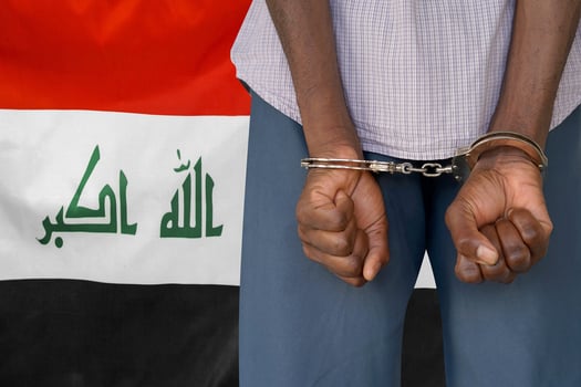 Arabian male with handcuffs on the background of the Iraq flag photo