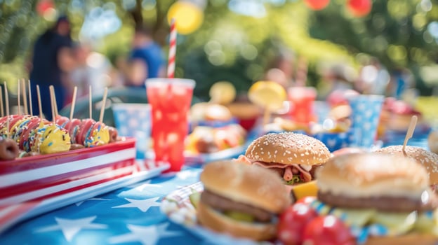 Festive outdoor meal with burgers and treats celebration photo