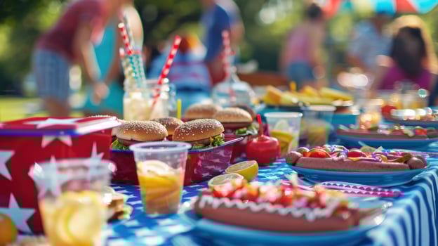 Festive outdoor feast featuring burgers and hot dogs on checkered tablecloth photo