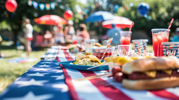 Festive outdoor picnic table with food drinks and celebratory decorations photo