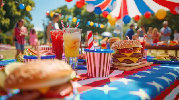 Festive picnic with burgers drinks and star pattern for holiday celebration photo