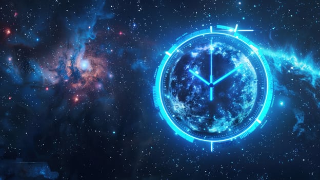 Cosmic time digital clock interface in space background photo