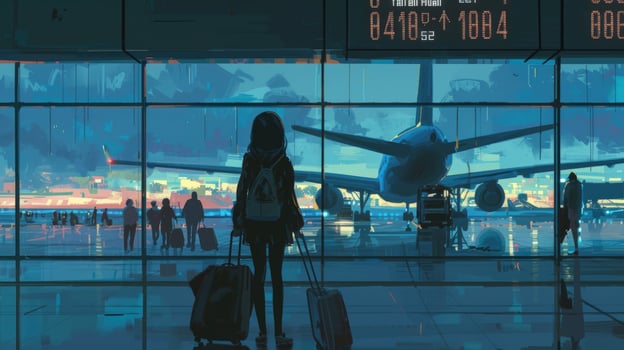 Traveler at airport terminal watching airplane illustration photo