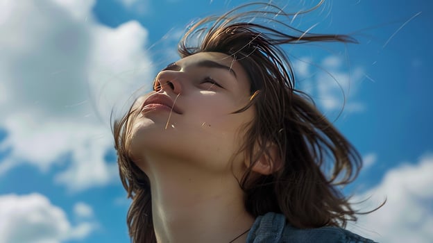 Person looking up at sky feeling the wind in hair freedom and openness photo