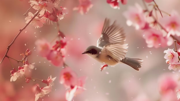 Bird in flight among cherry blossoms springtime nature scene photo