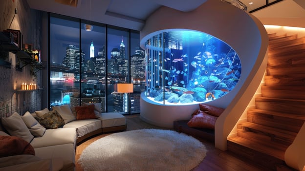 Modern living room with integrated aquarium and city view at night photo