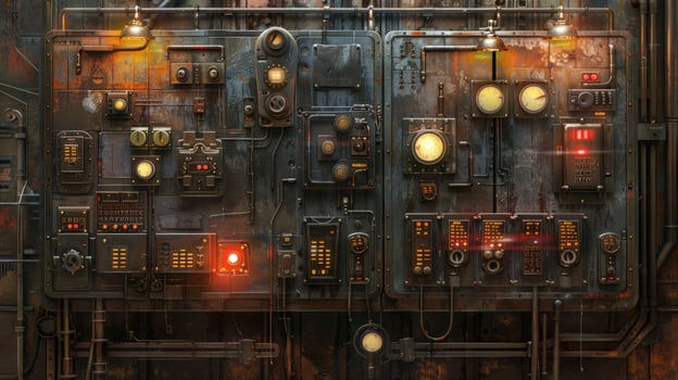 Complex industrial control panel with gauges and switches photo