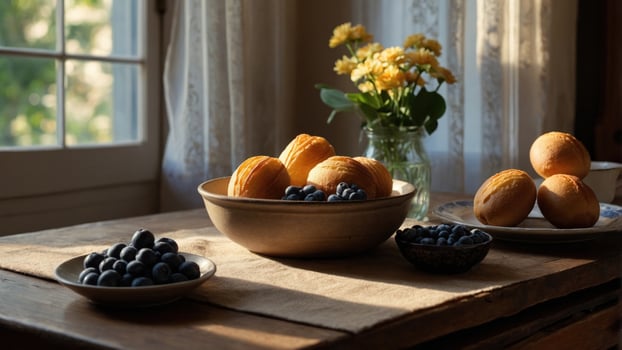 Freshly baked muffins and blueberries arranged on a rustic wooden table with flowers in the background photo