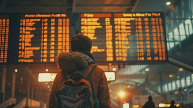 Person at airport looking at schedule board travel and transportation photo