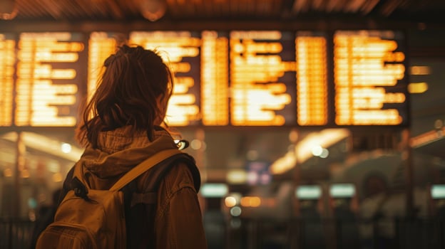 Woman traveler with backpack checking transport schedule information board photo
