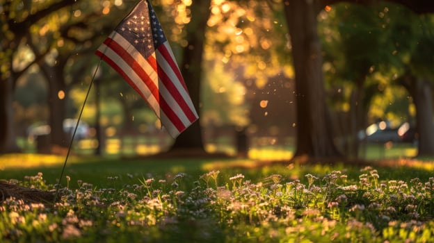 American flag among flowers lawn and trees in a park photo