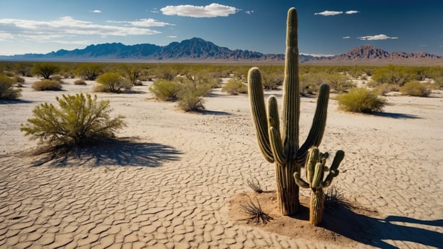 A majestic saguaro cactus stands resiliently in a vast desert landscape under a clear blue sky photo