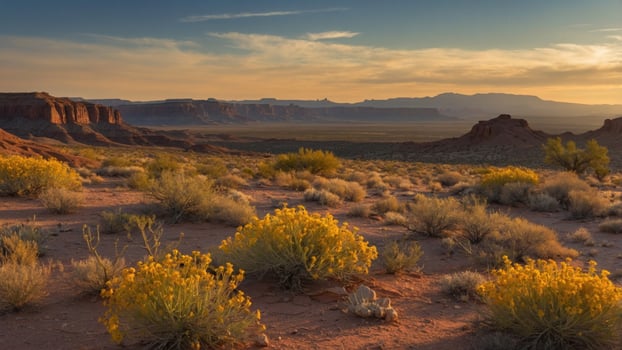Desert landscape at sunset with vibrant yellow flowers in foreground and distant mountains photo