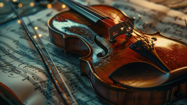 Violin and bow on sheet music close up photo