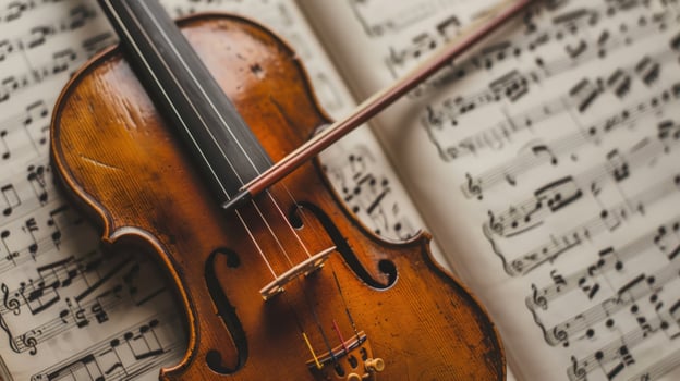 Violin and bow on sheet music classical instrument for musical performance and education photo
