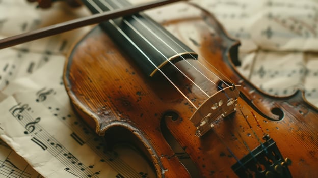 Violin and bow on sheet music musical instrument close up photo