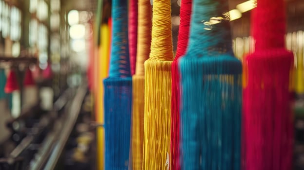 Colorful textile threads in a factory production line close up photo
