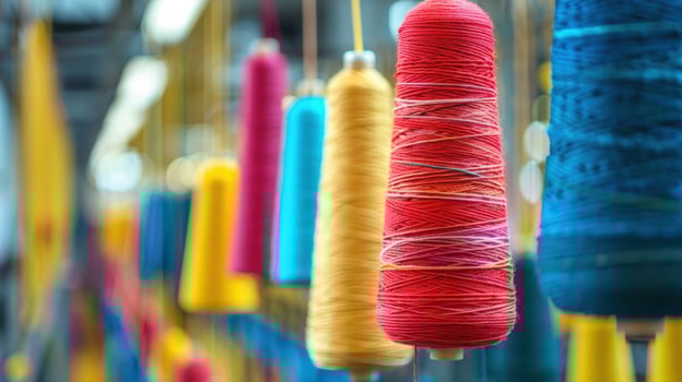 Colorful yarn spools textile manufacturing production process photo