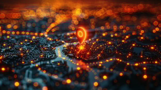 Abstract cityscape with glowing map pin futuristic navigation and network connections photo