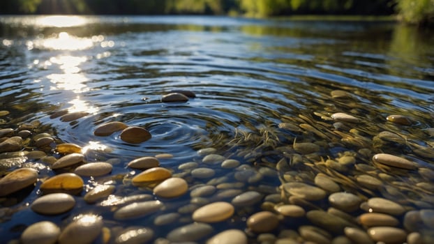 Tranquil river scene with smooth pebbles underwater, sunlight reflecting on water surface, lush greenery photo